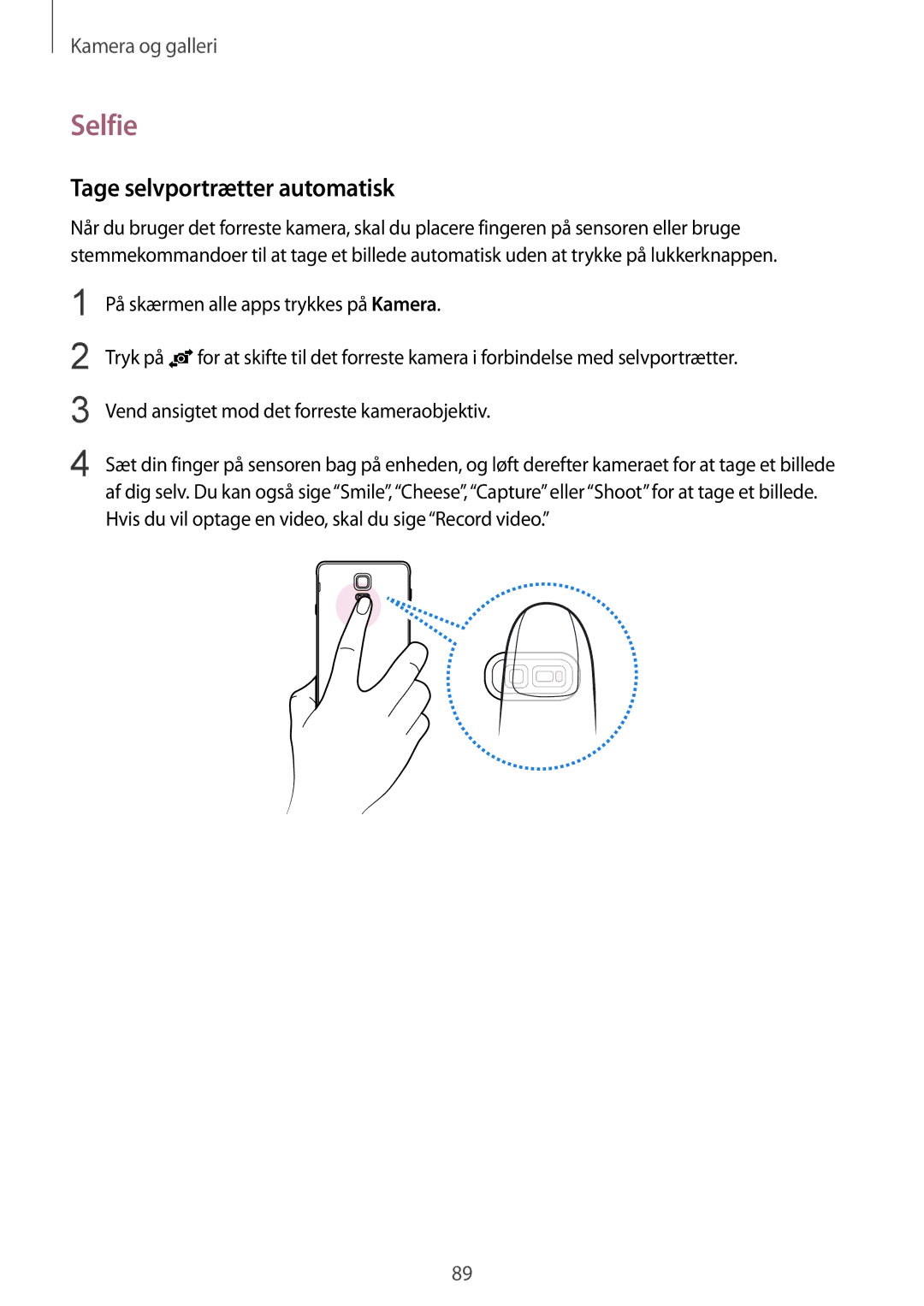 Samsung SM-N910FZDENEE, SM-N910FZWENEE, SM-N910FZIENEE, SM-N910FZKENEE manual Selfie, Tage selvportrætter automatisk 