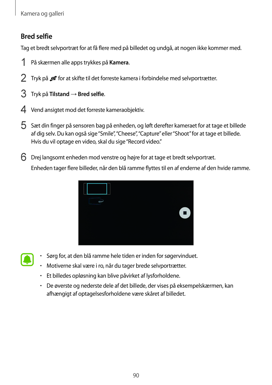 Samsung SM-N910FZIENEE, SM-N910FZWENEE, SM-N910FZDENEE, SM-N910FZKENEE manual Tryk på Tilstand →Bred selfie 