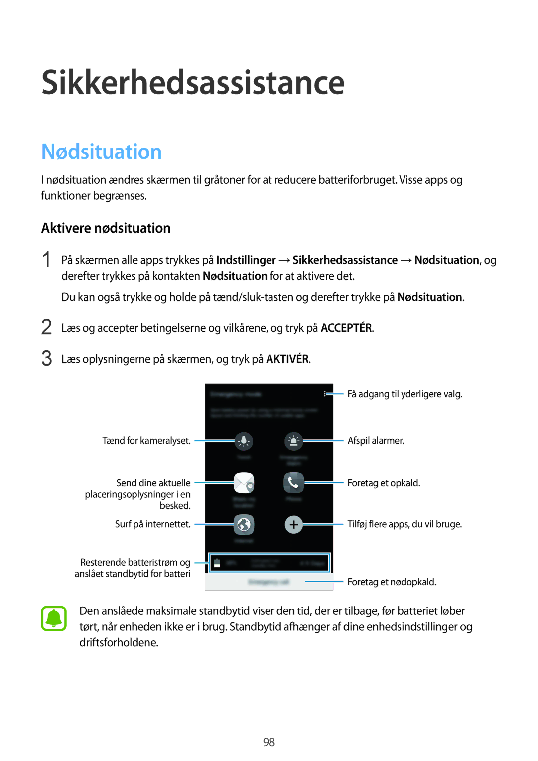 Samsung SM-N910FZIENEE, SM-N910FZWENEE, SM-N910FZDENEE manual Sikkerhedsassistance, Nødsituation, Aktivere nødsituation 