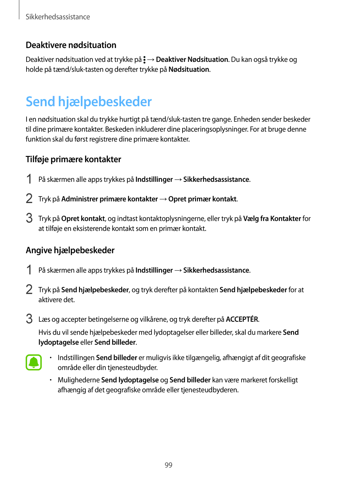 Samsung SM-N910FZKENEE Send hjælpebeskeder, Deaktivere nødsituation, Tilføje primære kontakter, Angive hjælpebeskeder 