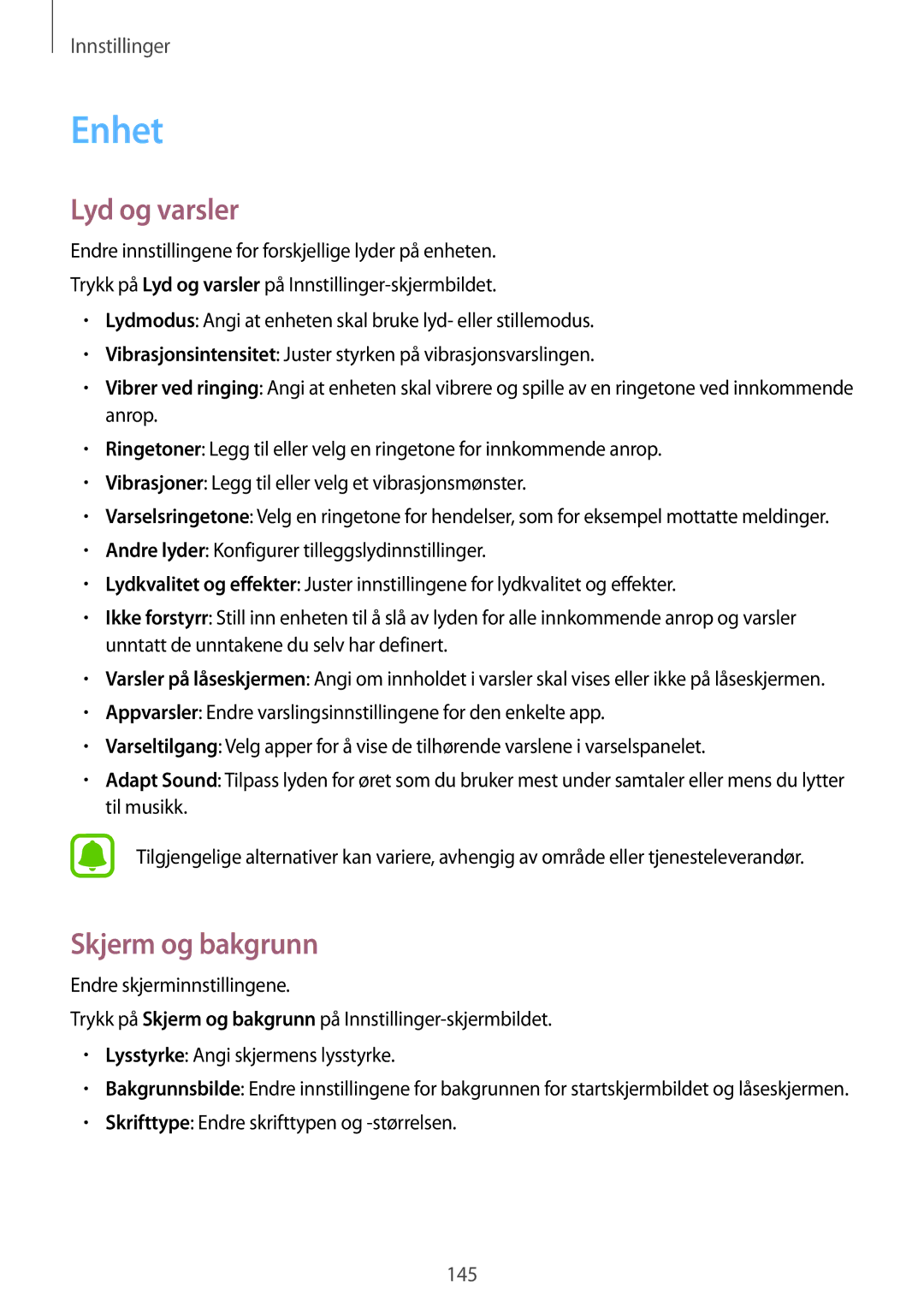 Samsung SM-N910FZDENEE, SM-N910FZWENEE, SM-N910FZIENEE, SM-N910FZKENEE manual Enhet, Lyd og varsler, Skjerm og bakgrunn 