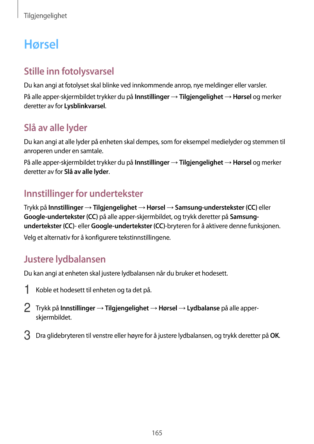 Samsung SM-N910FZDENEE, SM-N910FZWENEE Hørsel, Stille inn fotolysvarsel, Slå av alle lyder, Innstillinger for undertekster 