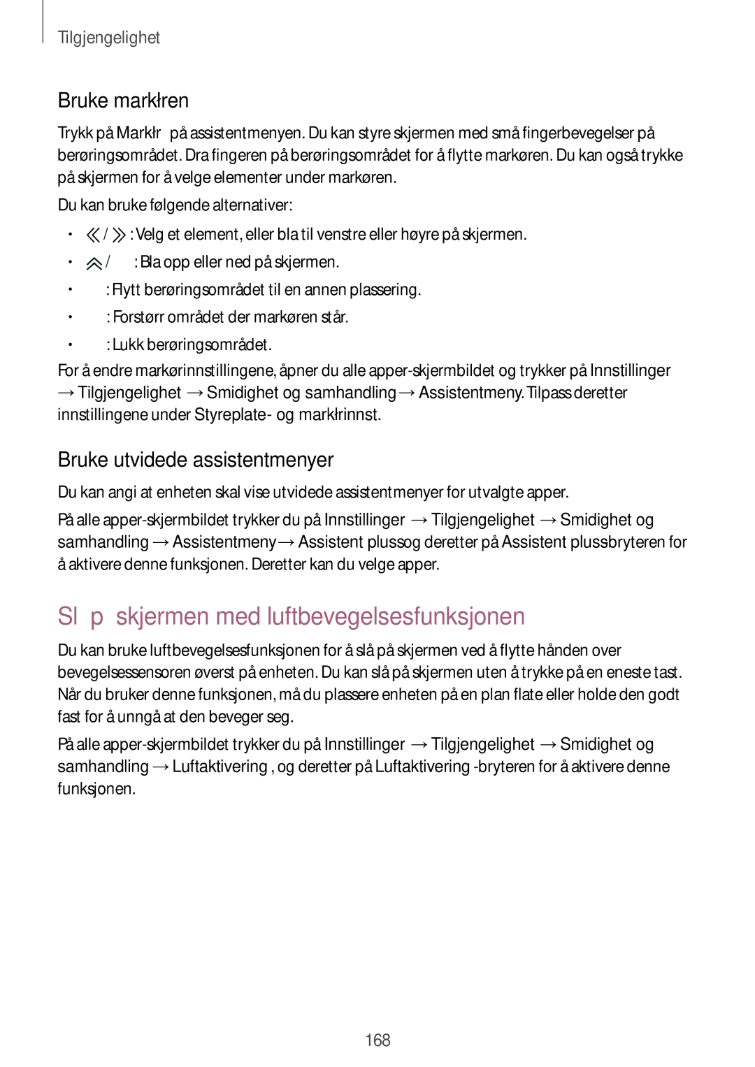 Samsung SM-N910FZWENEE manual Slå på skjermen med luftbevegelsesfunksjonen, Bruke markøren, Bruke utvidede assistentmenyer 