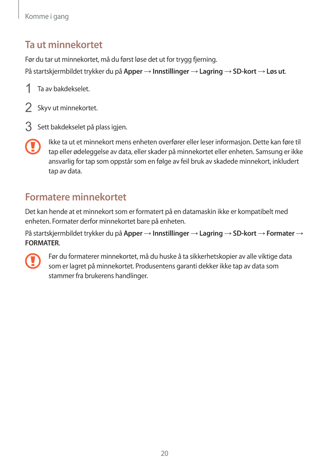 Samsung SM-N910FZWENEE, SM-N910FZDENEE, SM-N910FZIENEE, SM-N910FZKENEE manual Ta ut minnekortet, Formatere minnekortet 