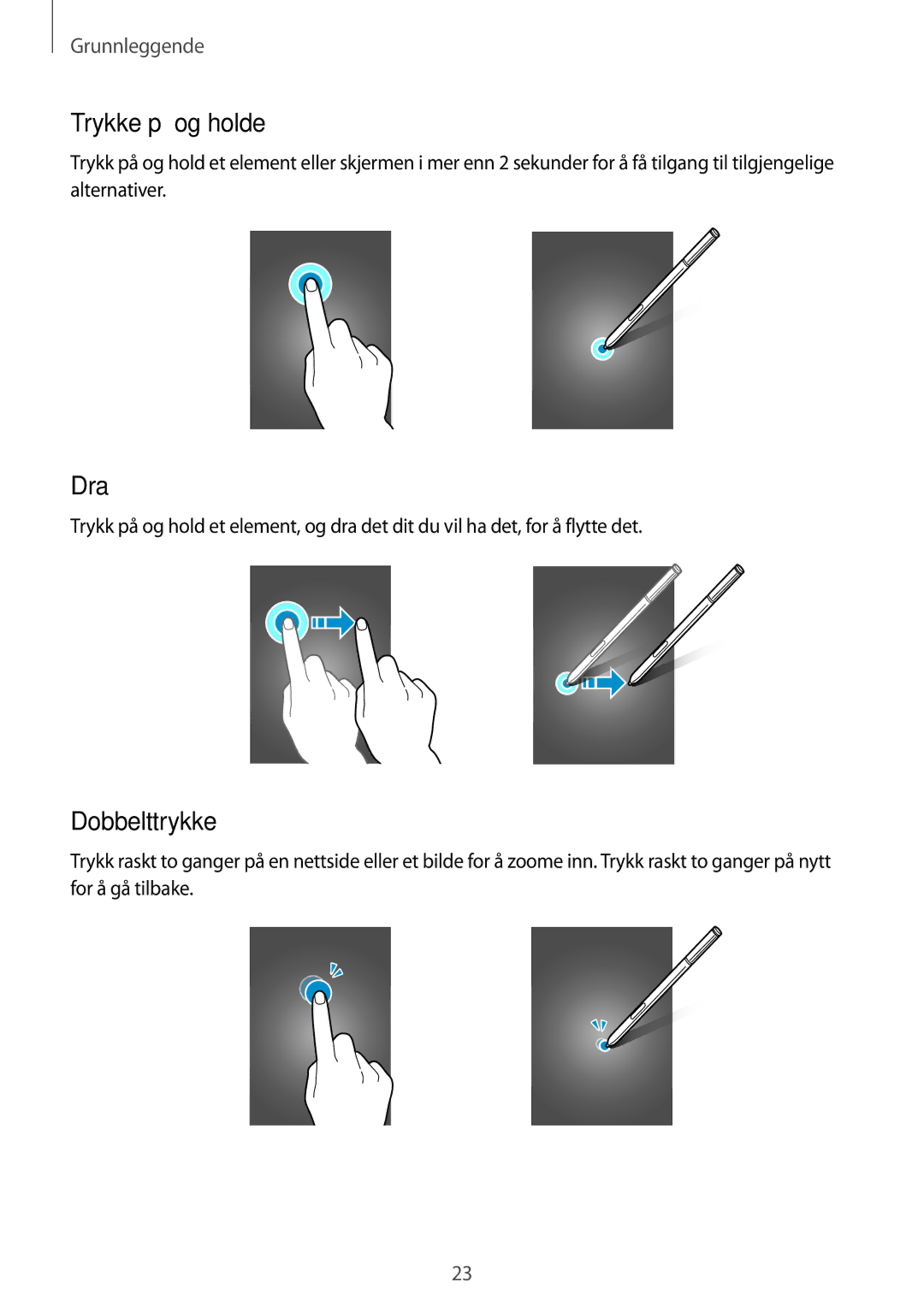 Samsung SM-N910FZKENEE, SM-N910FZWENEE, SM-N910FZDENEE, SM-N910FZIENEE manual Trykke på og holde, Dra, Dobbelttrykke 