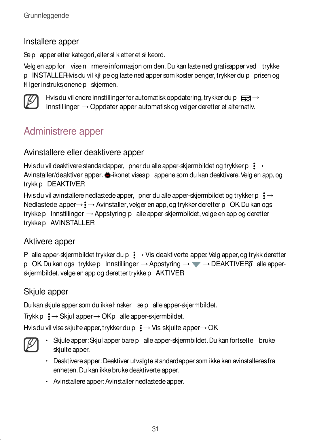 Samsung SM-N910FZKENEE manual Administrere apper, Avinstallere eller deaktivere apper, Aktivere apper, Skjule apper 