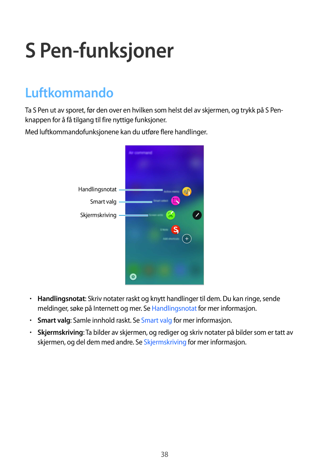 Samsung SM-N910FZIENEE, SM-N910FZWENEE, SM-N910FZDENEE, SM-N910FZKENEE manual Pen-funksjoner, Luftkommando 