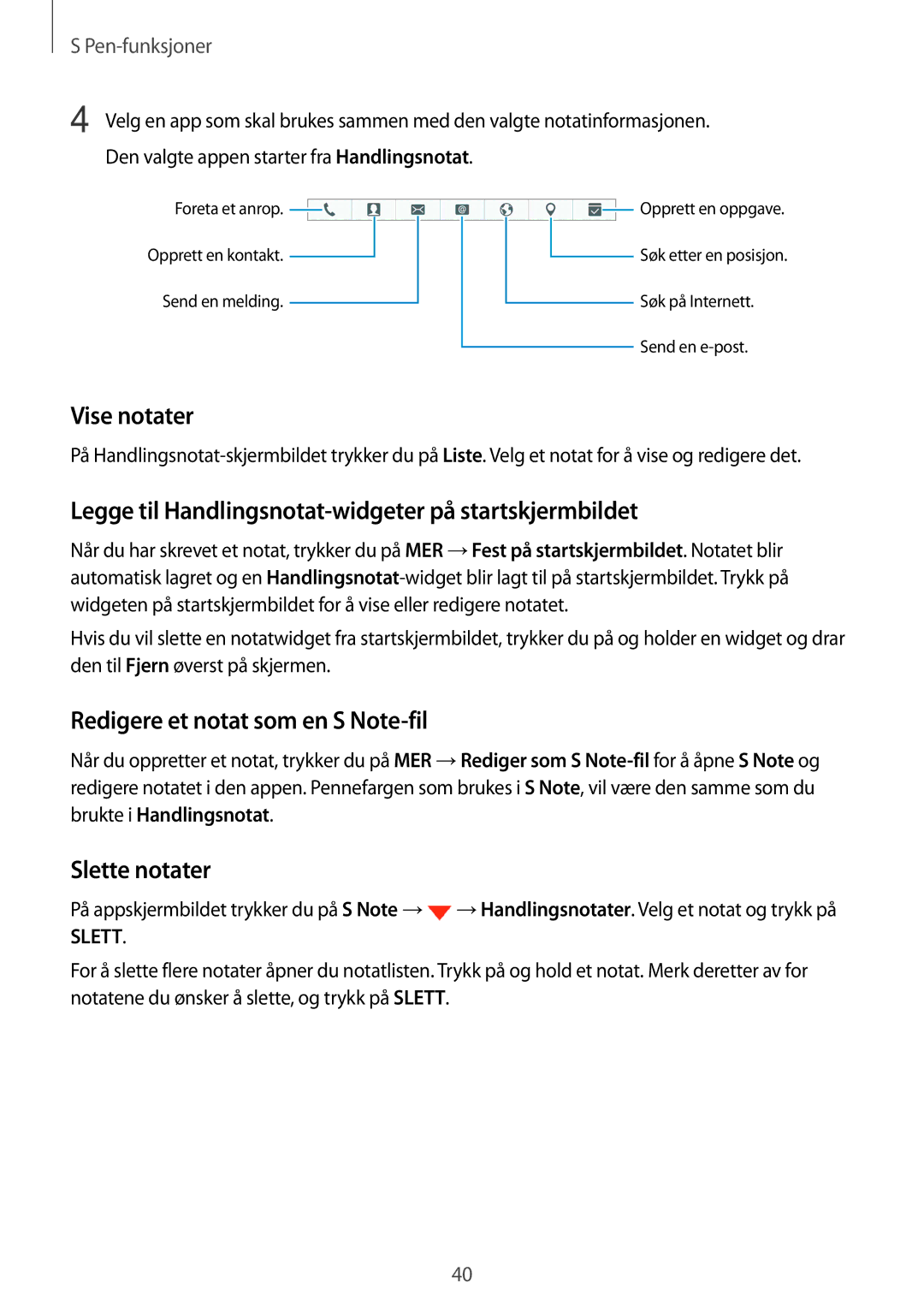 Samsung SM-N910FZWENEE manual Vise notater, Legge til Handlingsnotat-widgeter på startskjermbildet, Slette notater 