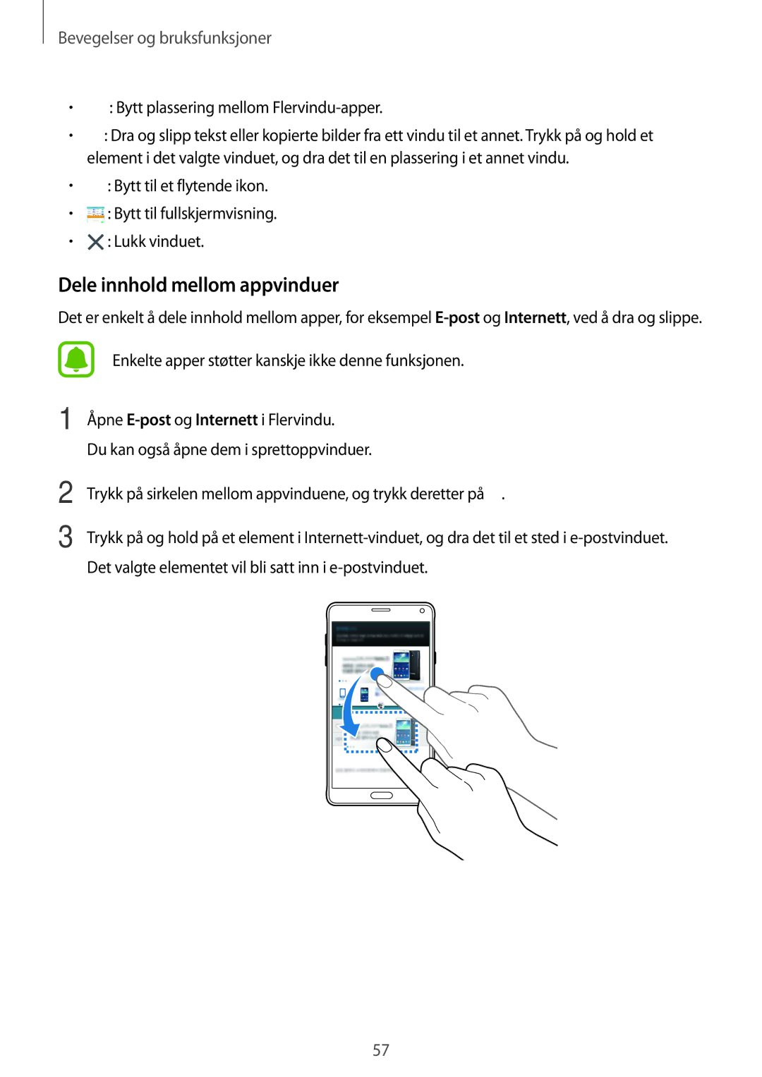 Samsung SM-N910FZDENEE, SM-N910FZWENEE manual Dele innhold mellom appvinduer, Bytt plassering mellom Flervindu-apper 