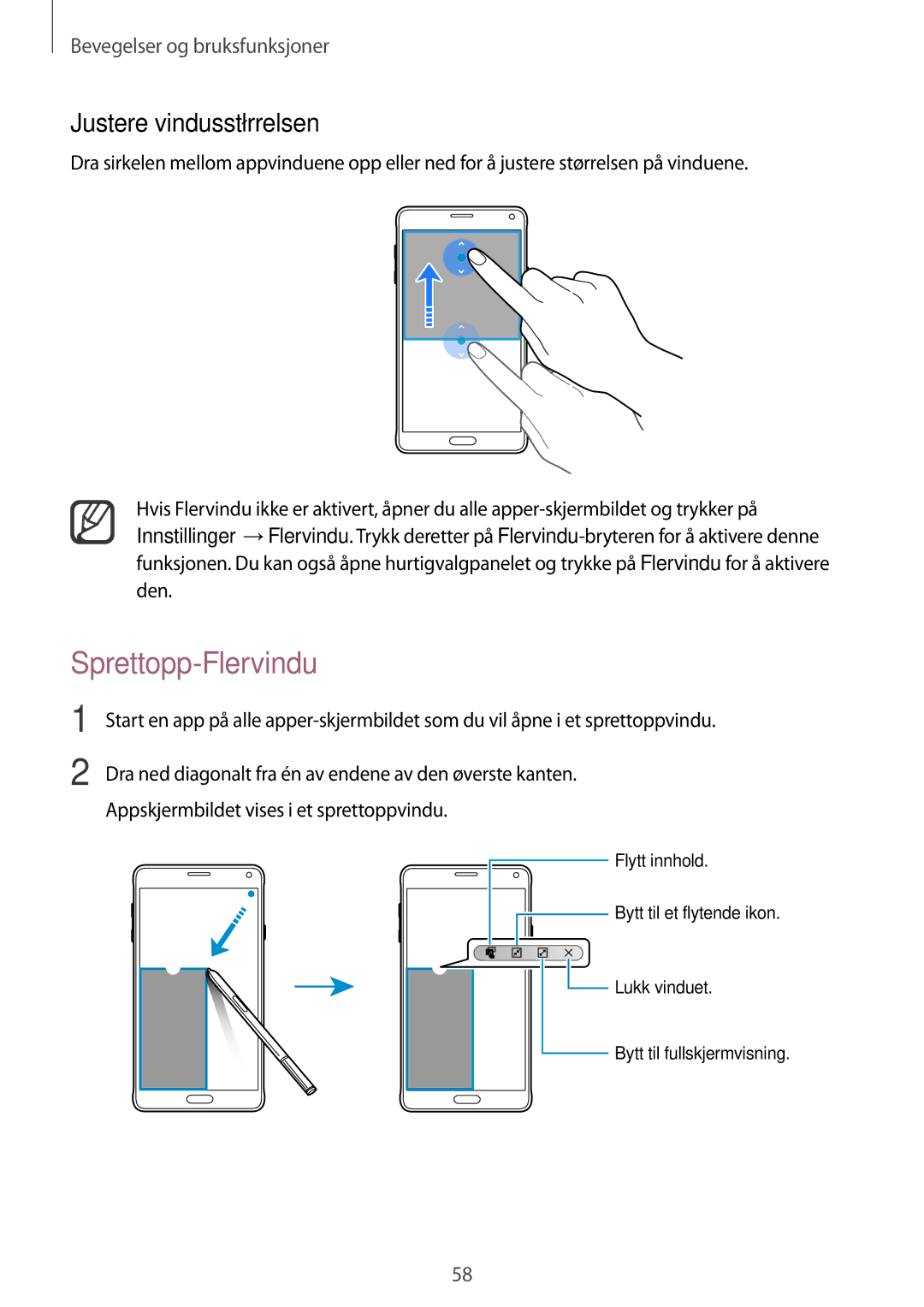 Samsung SM-N910FZIENEE, SM-N910FZWENEE, SM-N910FZDENEE, SM-N910FZKENEE manual Sprettopp-Flervindu, Justere vindusstørrelsen 