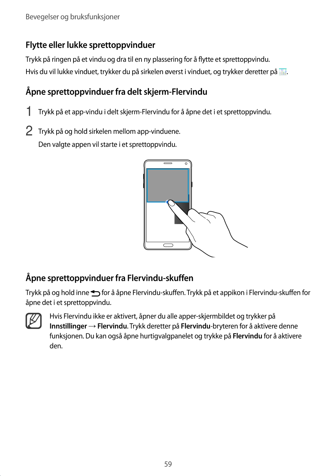 Samsung SM-N910FZKENEE manual Flytte eller lukke sprettoppvinduer, Åpne sprettoppvinduer fra delt skjerm-Flervindu 