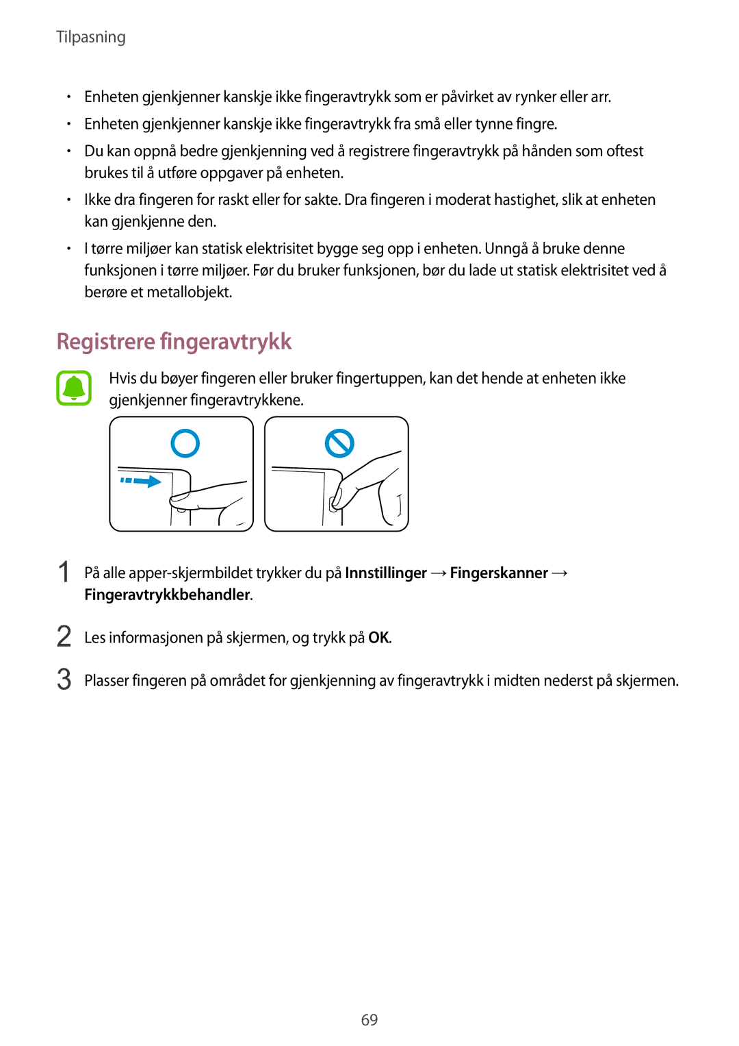 Samsung SM-N910FZDENEE, SM-N910FZWENEE, SM-N910FZIENEE, SM-N910FZKENEE manual Registrere fingeravtrykk 