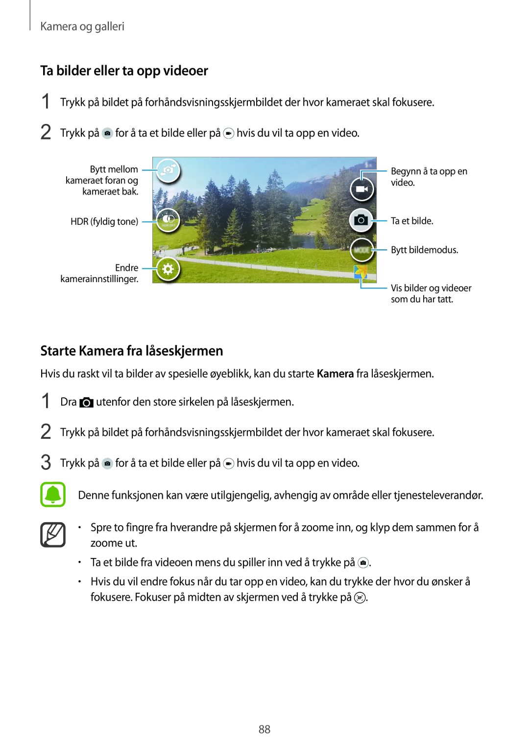 Samsung SM-N910FZWENEE, SM-N910FZDENEE, SM-N910FZIENEE manual Ta bilder eller ta opp videoer, Starte Kamera fra låseskjermen 