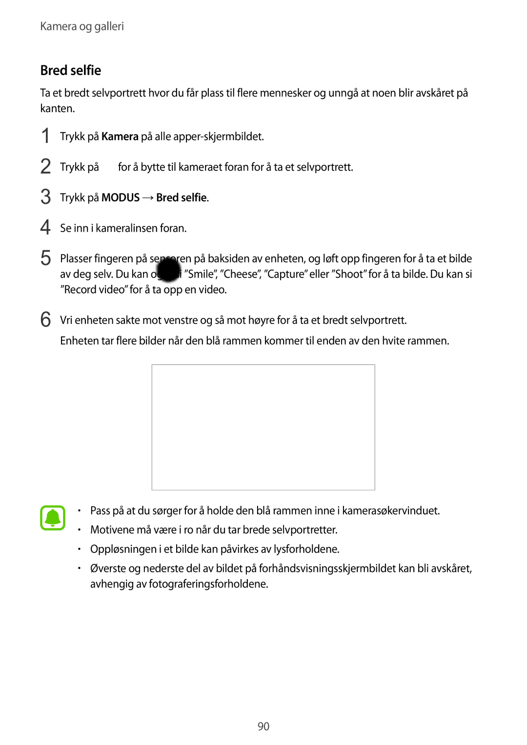 Samsung SM-N910FZIENEE, SM-N910FZWENEE, SM-N910FZDENEE, SM-N910FZKENEE manual Trykk på Modus →Bred selfie 