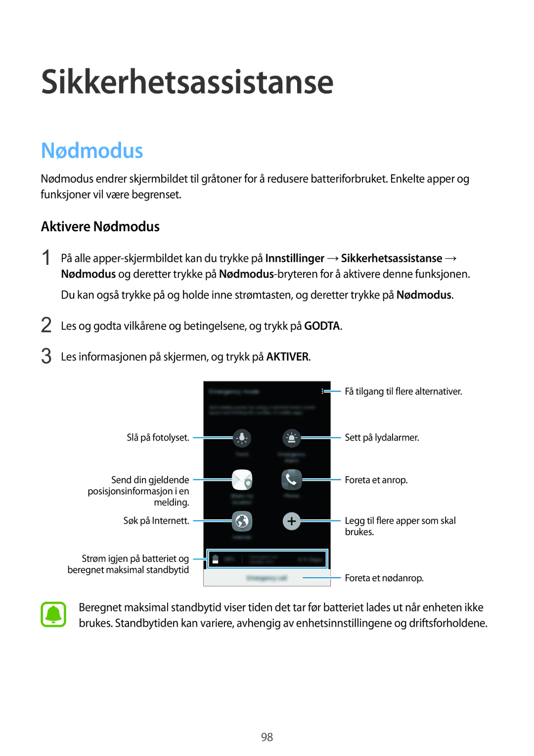 Samsung SM-N910FZIENEE, SM-N910FZWENEE, SM-N910FZDENEE, SM-N910FZKENEE manual Sikkerhetsassistanse, Aktivere Nødmodus 