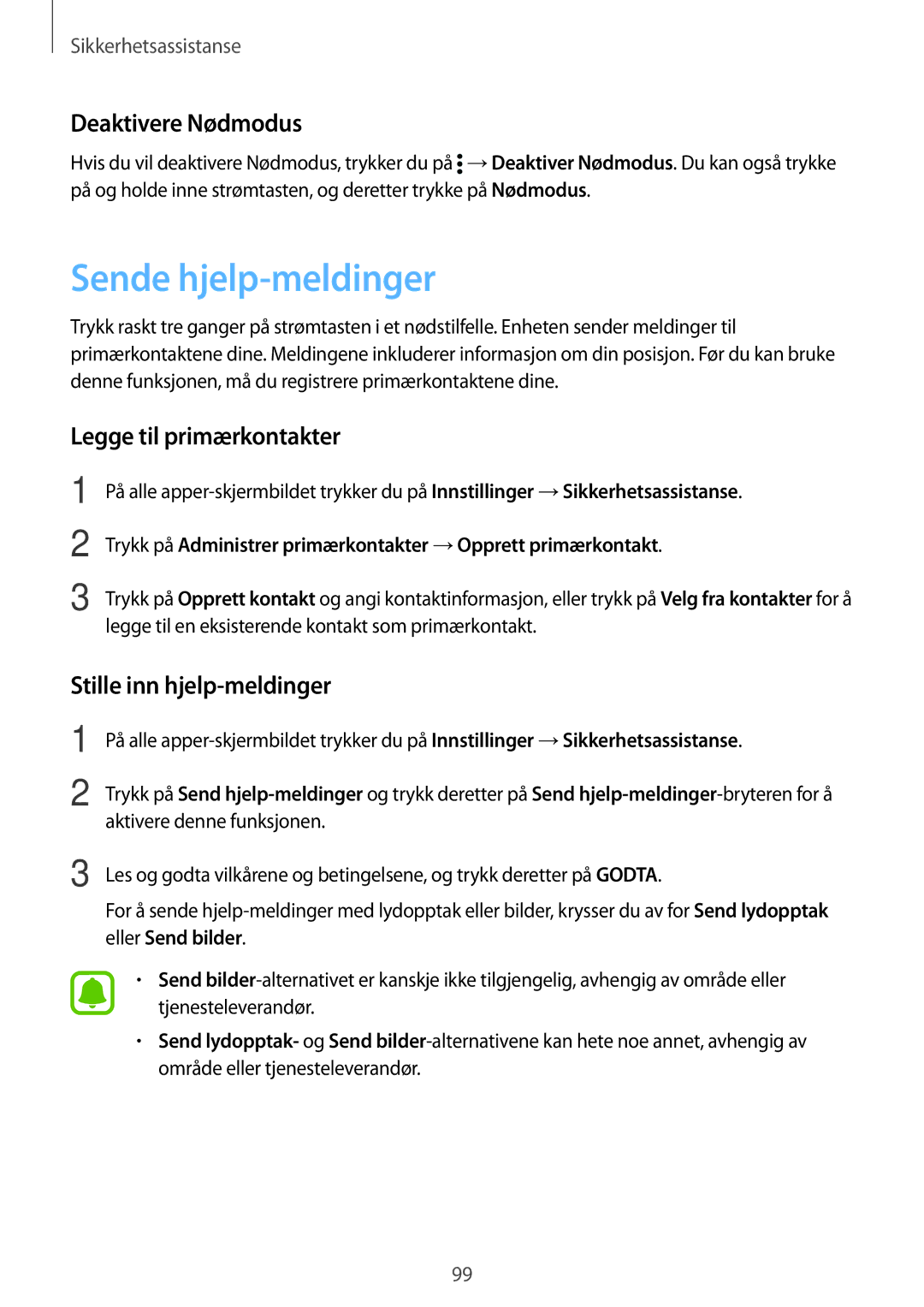 Samsung SM-N910FZKENEE Sende hjelp-meldinger, Deaktivere Nødmodus, Legge til primærkontakter, Stille inn hjelp-meldinger 