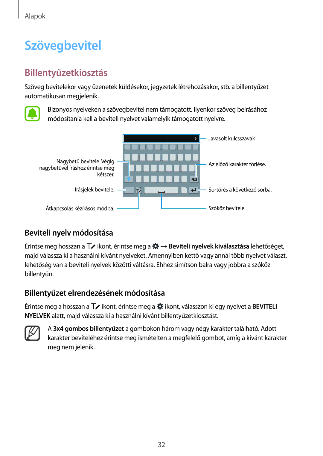 Samsung SM-N910FZWEXEH, SM-N910CZDEXEH manual Szövegbevitel, Billentyűzetkiosztás, Beviteli nyelv módosítása 