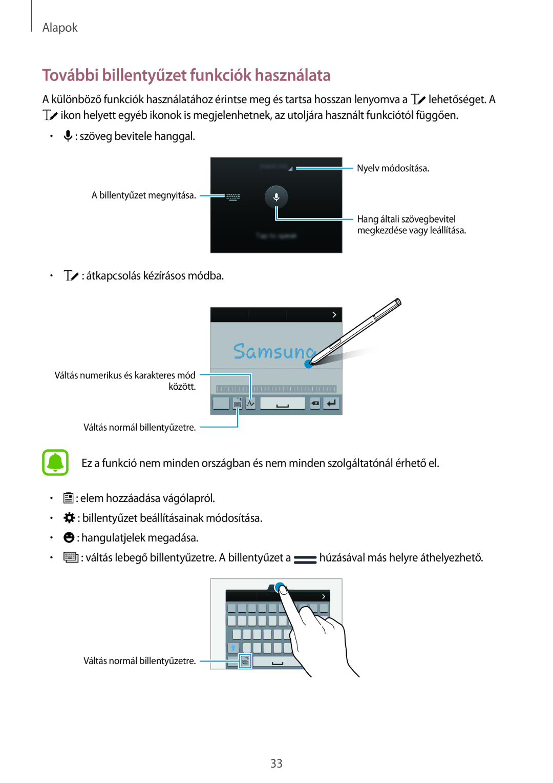 Samsung SM-N910CZDEXEH, SM-N910FZWEXEH manual További billentyűzet funkciók használata, Szöveg bevitele hanggal 