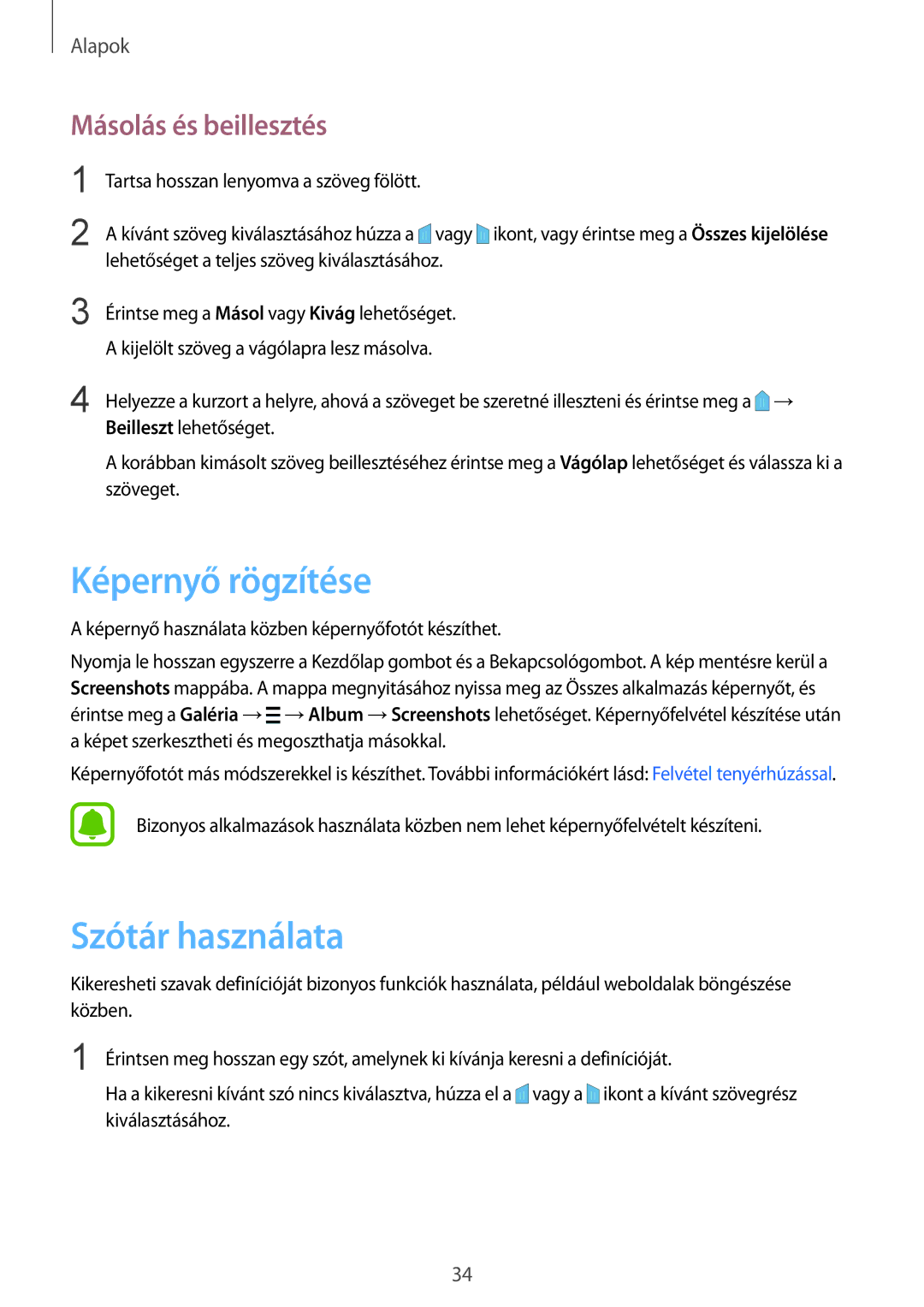 Samsung SM-N910FZWEXEH, SM-N910CZDEXEH manual Képernyő rögzítése, Szótár használata, Másolás és beillesztés 