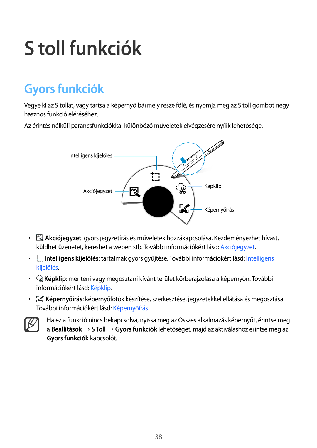 Samsung SM-N910FZWEXEH, SM-N910CZDEXEH manual Toll funkciók, Gyors funkciók 