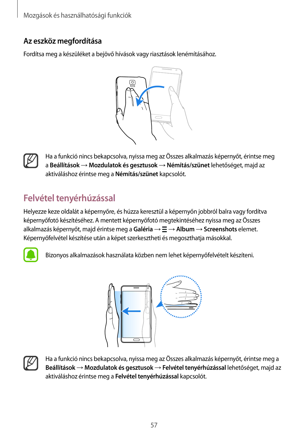 Samsung SM-N910CZDEXEH, SM-N910FZWEXEH manual Felvétel tenyérhúzással, Az eszköz megfordítása 