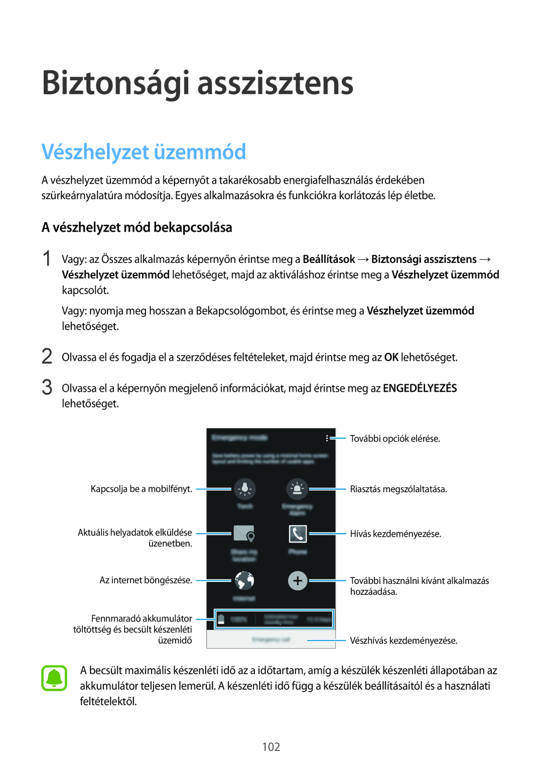 Samsung SM-N910FZWEXEH, SM-N910CZDEXEH manual Biztonsági asszisztens, Vészhelyzet üzemmód, Vészhelyzet mód bekapcsolása 