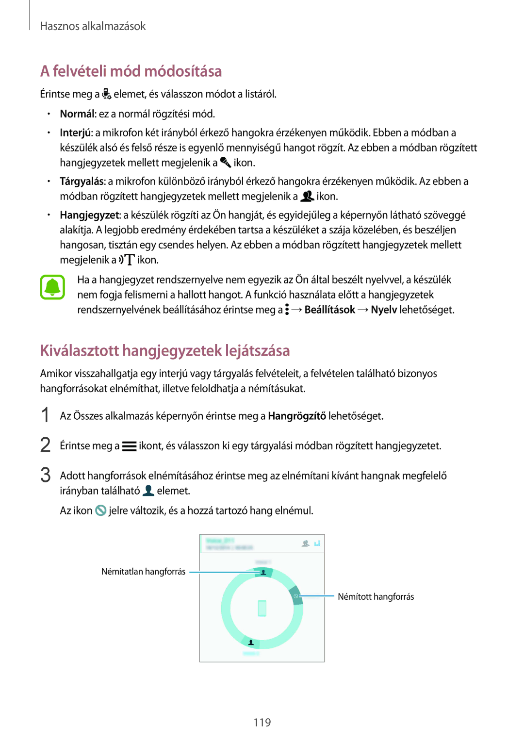 Samsung SM-N910CZDEXEH, SM-N910FZWEXEH manual Felvételi mód módosítása, Kiválasztott hangjegyzetek lejátszása 