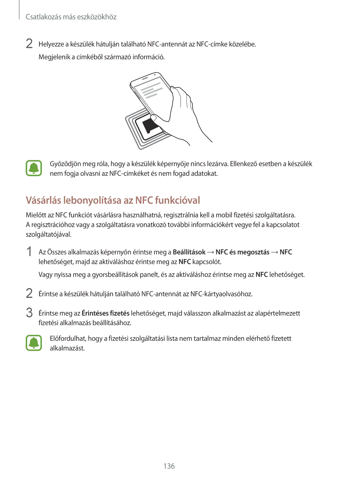 Samsung SM-N910FZWEXEH, SM-N910CZDEXEH manual Vásárlás lebonyolítása az NFC funkcióval 