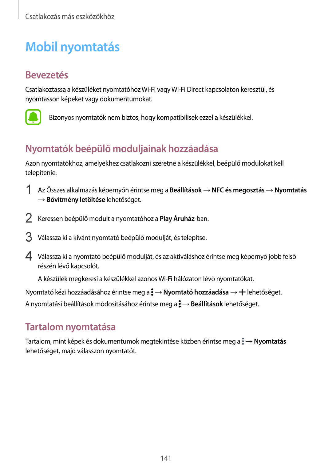 Samsung SM-N910CZDEXEH, SM-N910FZWEXEH manual Mobil nyomtatás, Nyomtatók beépülő moduljainak hozzáadása, Tartalom nyomtatása 