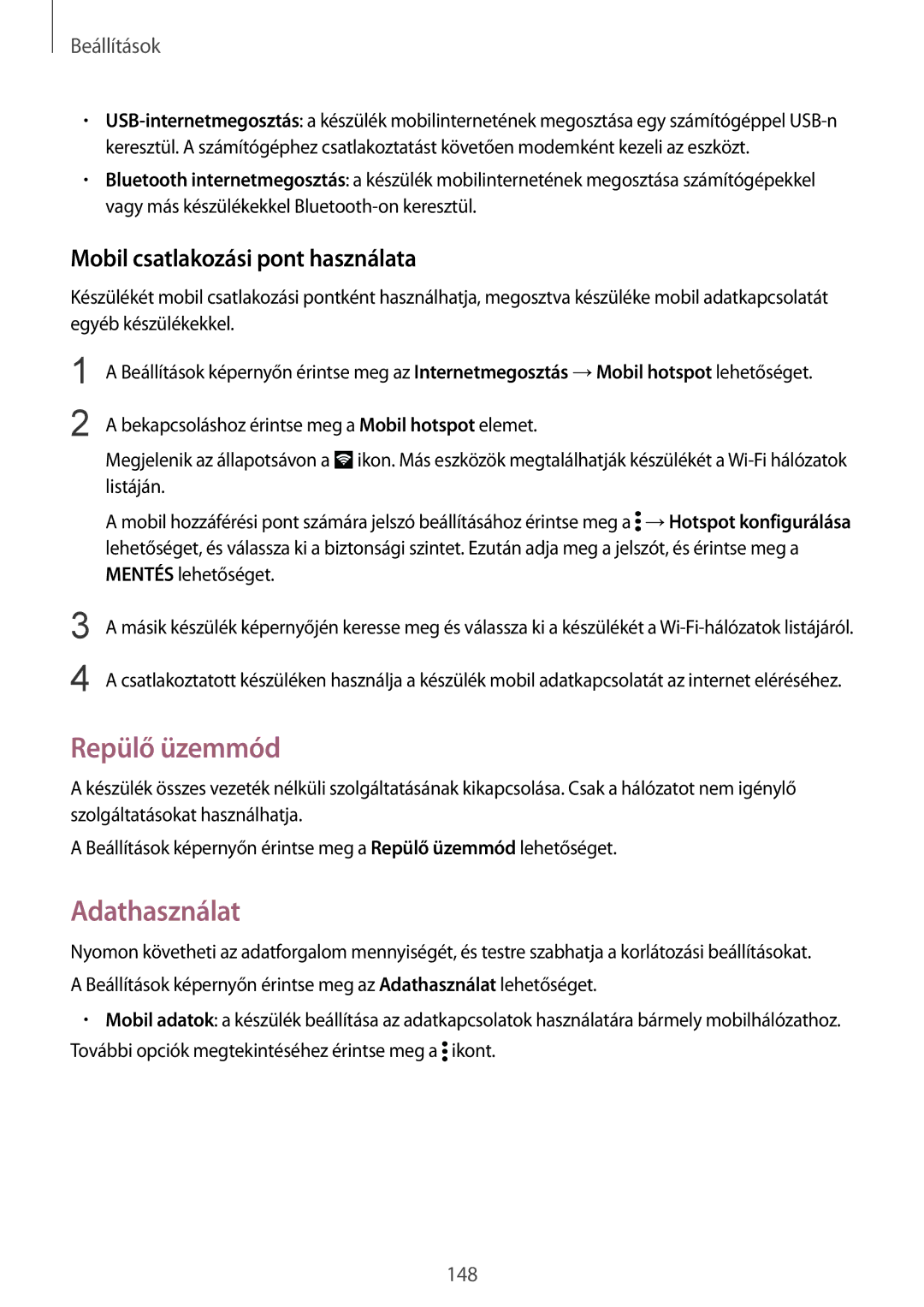 Samsung SM-N910FZWEXEH, SM-N910CZDEXEH manual Repülő üzemmód, Adathasználat, Mobil csatlakozási pont használata 