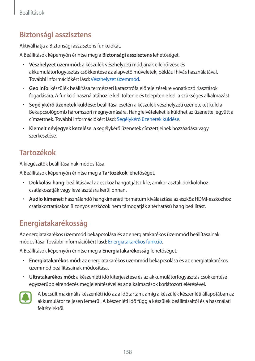 Samsung SM-N910FZWEXEH, SM-N910CZDEXEH manual Biztonsági asszisztens, Tartozékok, Energiatakarékosság 