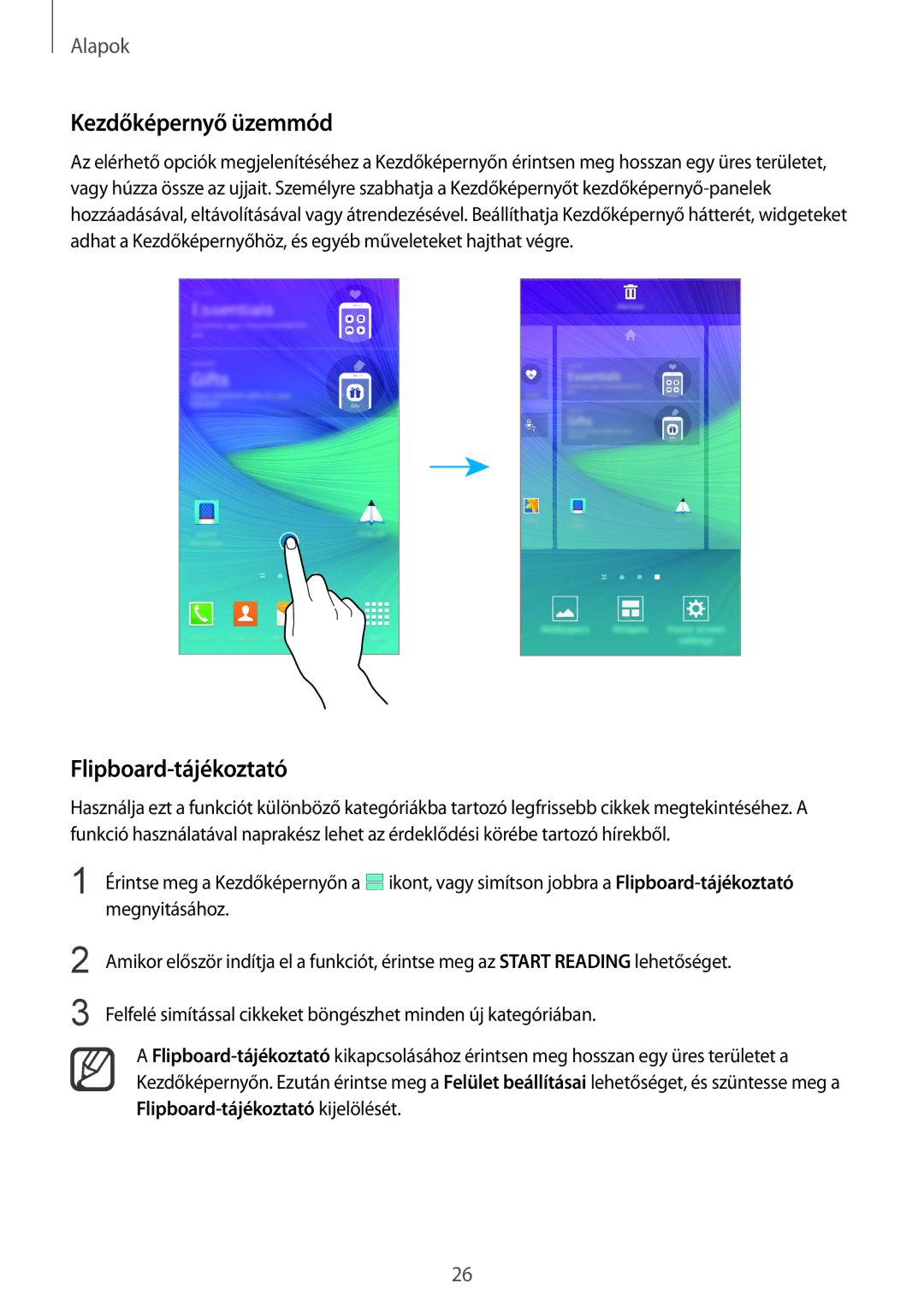 Samsung SM-N910FZWEXEH, SM-N910CZDEXEH manual Kezdőképernyő üzemmód, Flipboard-tájékoztató 