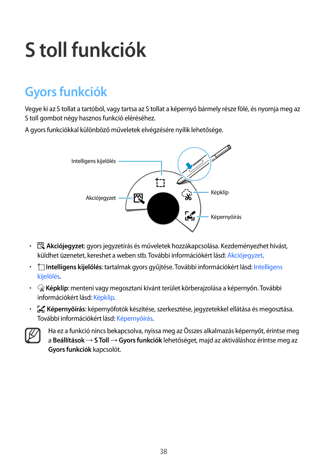 Samsung SM-N910FZWEXEH, SM-N910CZDEXEH manual Toll funkciók, Gyors funkciók 