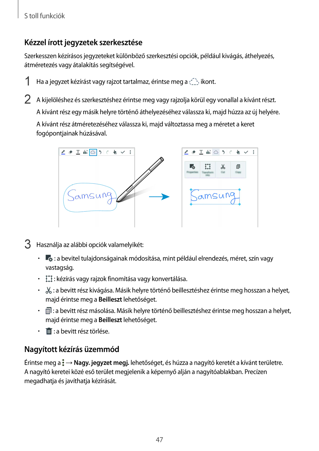 Samsung SM-N910CZDEXEH, SM-N910FZWEXEH manual Kézzel írott jegyzetek szerkesztése, Nagyított kézírás üzemmód 