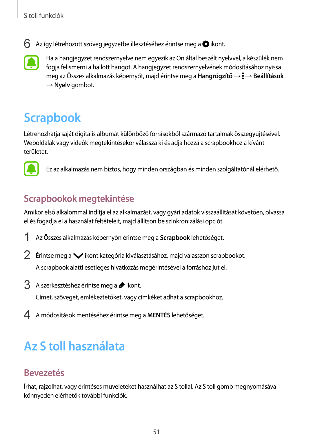 Samsung SM-N910CZDEXEH, SM-N910FZWEXEH manual Az S toll használata, Scrapbookok megtekintése, → Nyelv gombot 