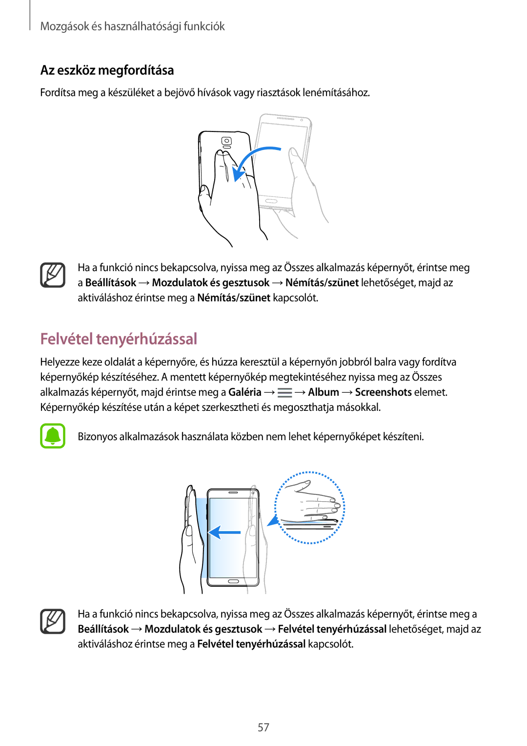 Samsung SM-N910CZDEXEH, SM-N910FZWEXEH manual Felvétel tenyérhúzással, Az eszköz megfordítása 