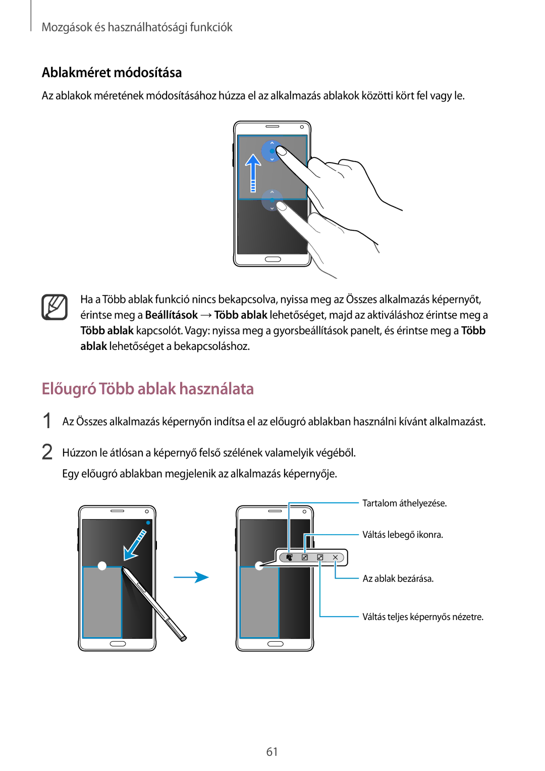 Samsung SM-N910CZDEXEH, SM-N910FZWEXEH manual Előugró Több ablak használata, Ablakméret módosítása 