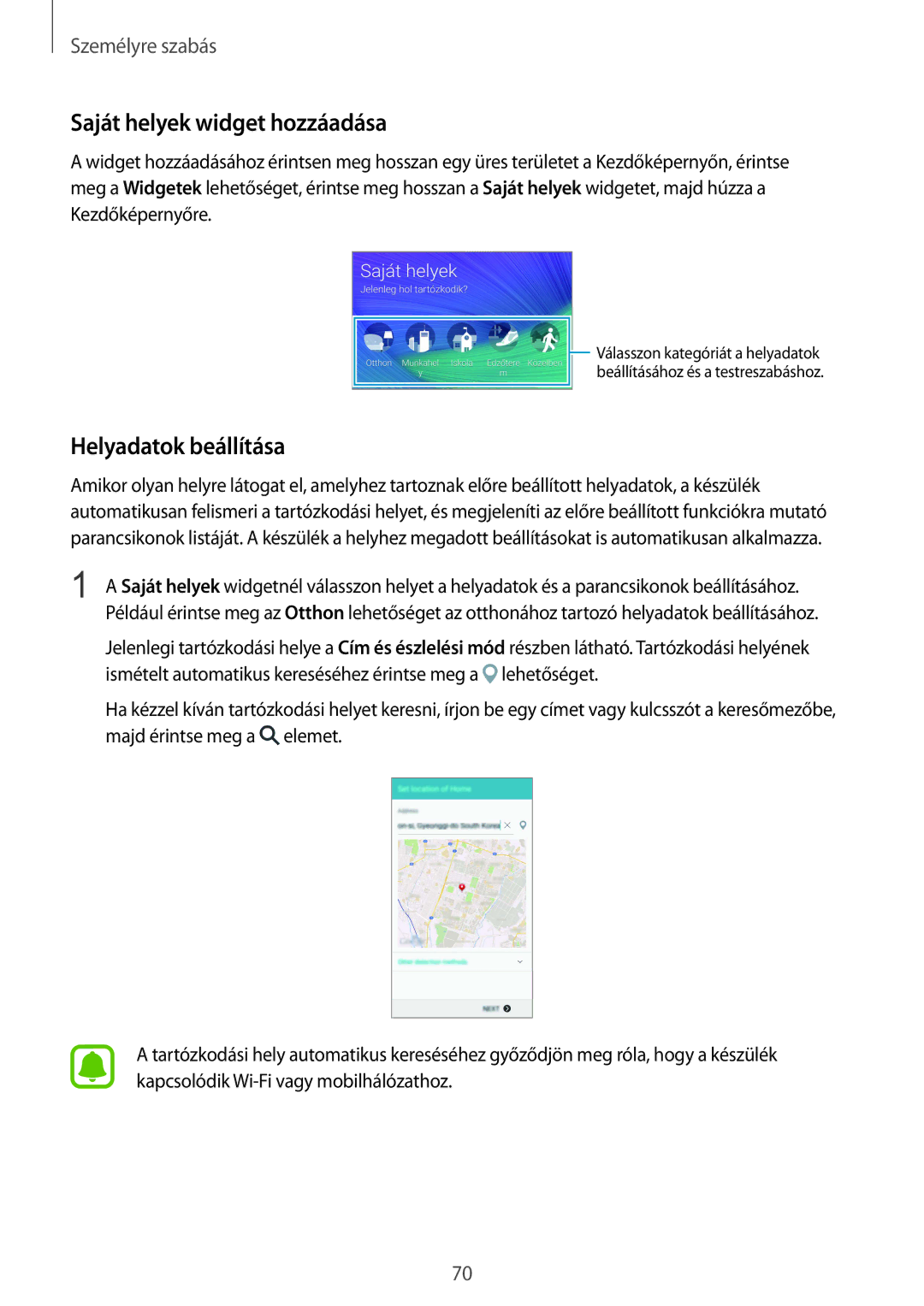 Samsung SM-N910FZWEXEH, SM-N910CZDEXEH manual Saját helyek widget hozzáadása, Helyadatok beállítása 