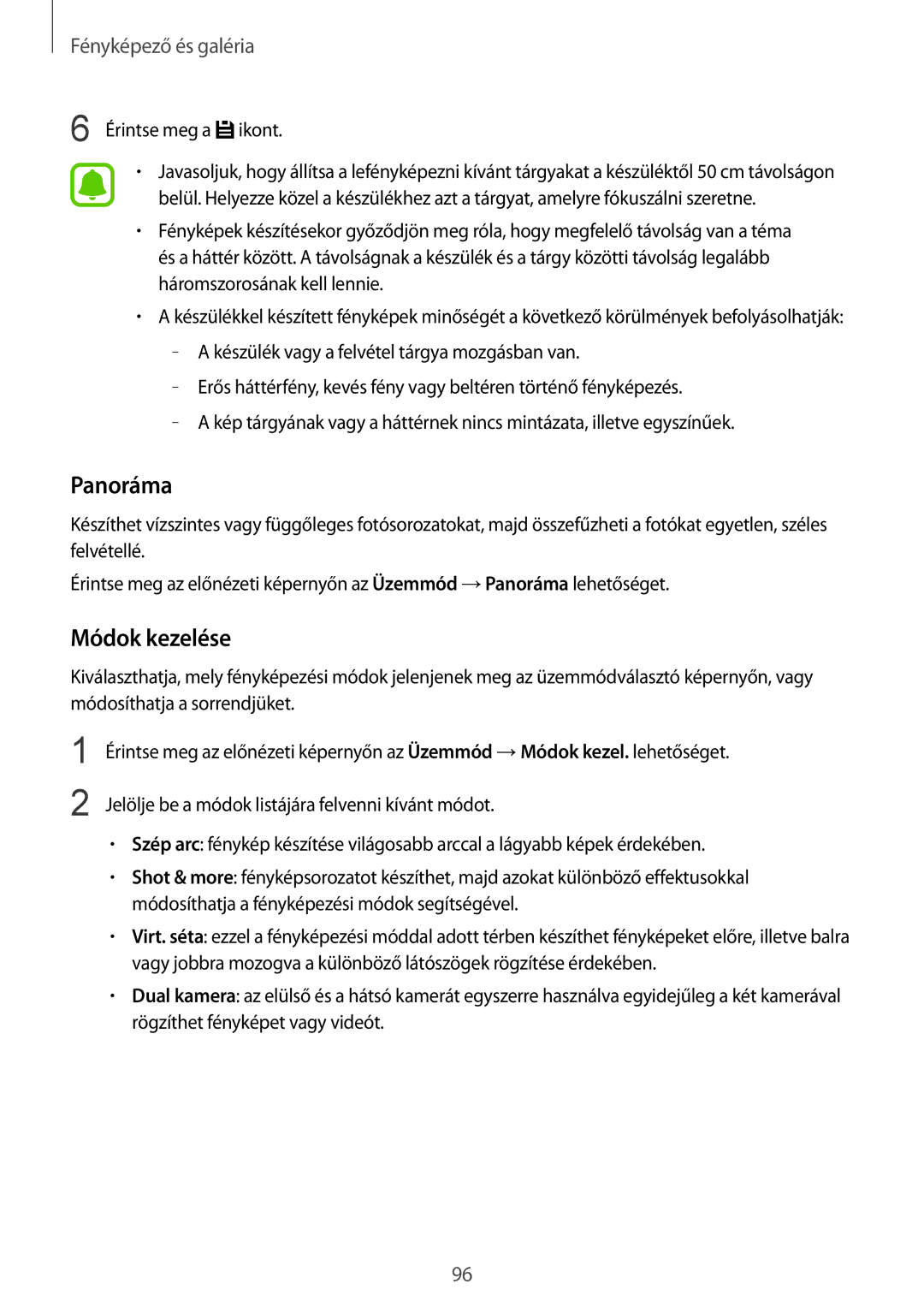 Samsung SM-N910FZWEXEH, SM-N910CZDEXEH manual Panoráma, Módok kezelése 