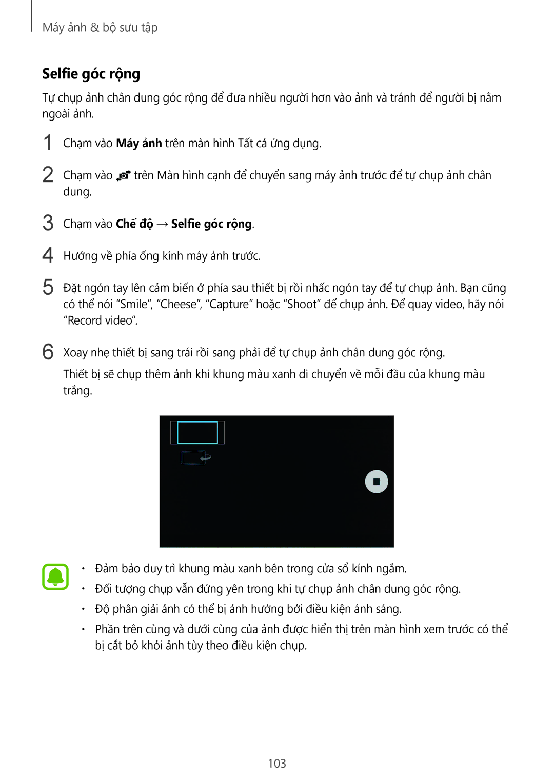 Samsung SM-N915FZWEXEV, SM-N915FZKEXEV manual 103, Chạm vào Chê đô → Selfie góc rộng 