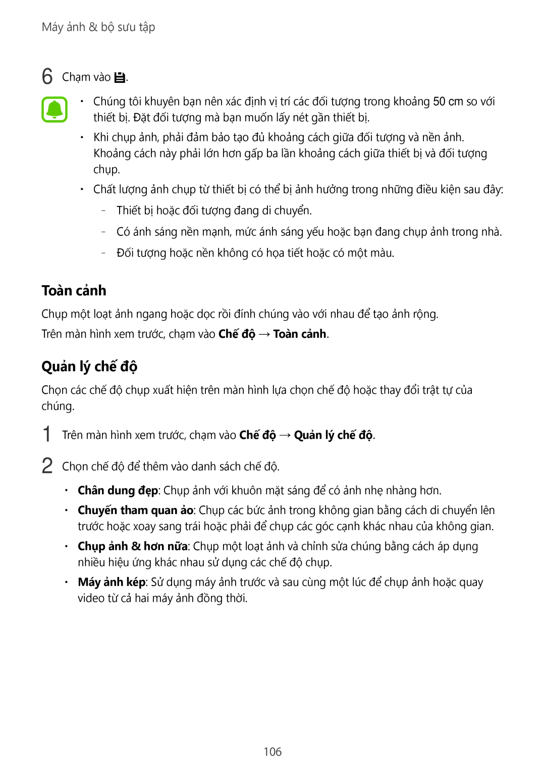 Samsung SM-N915FZKEXEV, SM-N915FZWEXEV manual Toàn cảnh, Quản lý chế độ, 106 