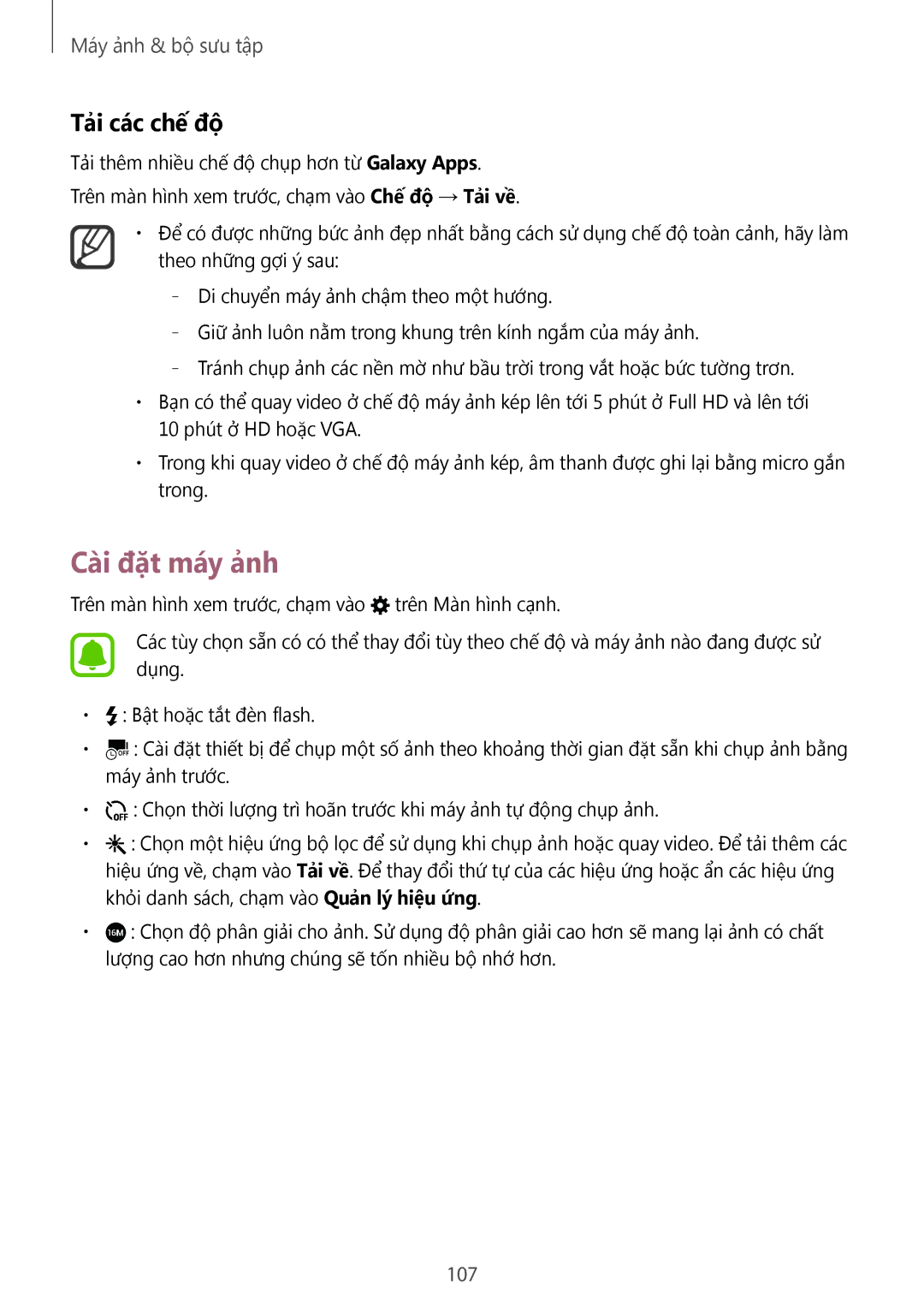 Samsung SM-N915FZWEXEV, SM-N915FZKEXEV manual Cài đặt máy ảnh, Tải các chế độ, 107 