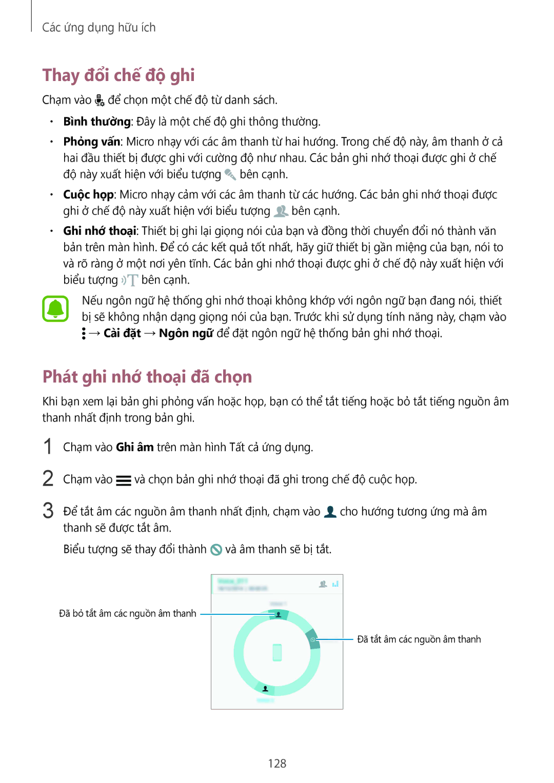 Samsung SM-N915FZKEXEV, SM-N915FZWEXEV manual Thay đổi chế độ ghi, Phát ghi nhớ thoại đã chọn, 128 