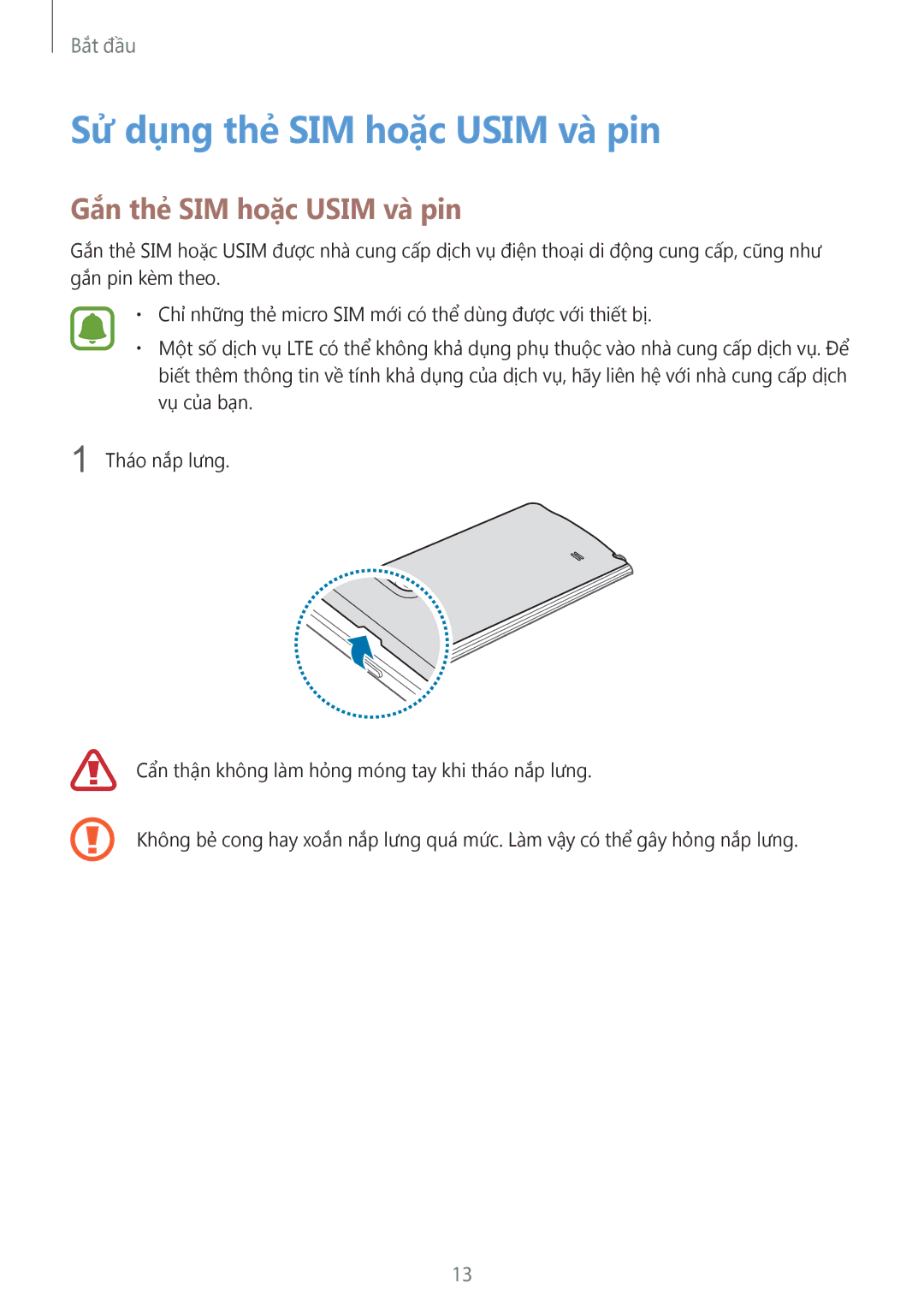 Samsung SM-N915FZWEXEV, SM-N915FZKEXEV manual Sử dụng thẻ SIM hoặc Usim và pin, Gắn thẻ SIM hoặc Usim và pin 