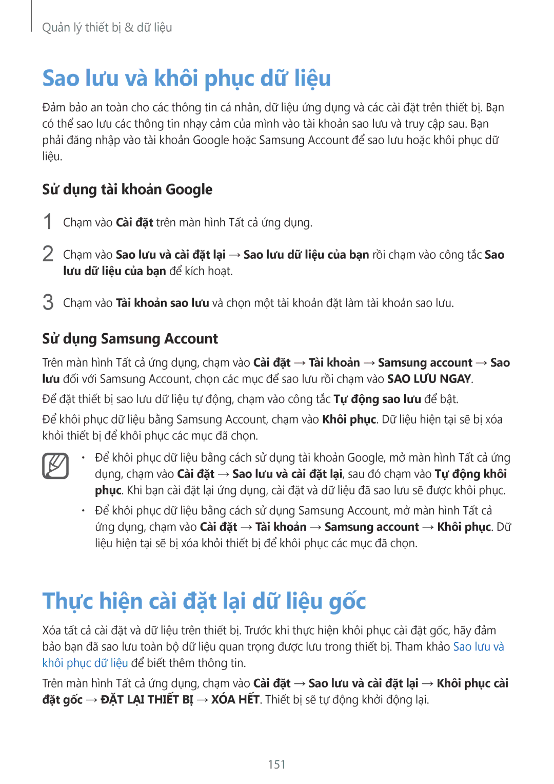 Samsung SM-N915FZWEXEV Sao lưu và khôi phục dữ liệu, Thực hiện cài đặt lại dữ liệu gốc, Sử dụng tài khoản Google, 151 