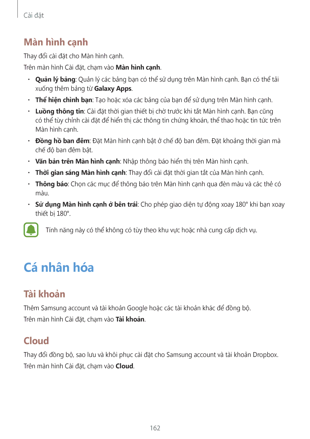 Samsung SM-N915FZKEXEV, SM-N915FZWEXEV manual Cá nhân hóa, Màn hình cạnh, Tài khoản, Cloud, 162 