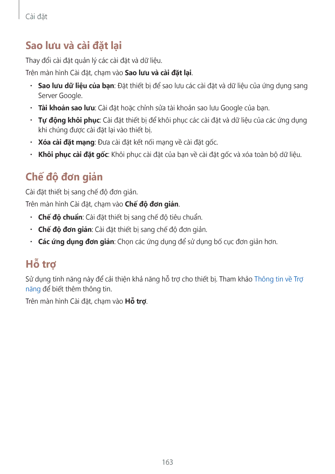 Samsung SM-N915FZWEXEV, SM-N915FZKEXEV manual Sao lưu và cài đặt lại, Chế độ đơn giản, Hỗ trợ, 163 
