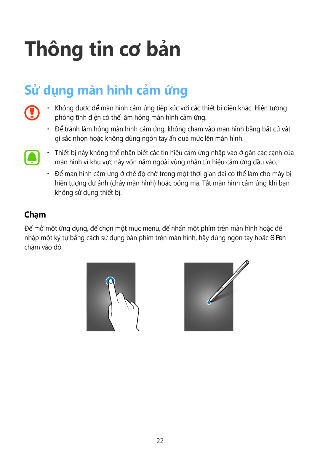 Samsung SM-N915FZKEXEV, SM-N915FZWEXEV manual Thông tin cơ bản, Sử dụng màn hình cảm ứng, Chạm 