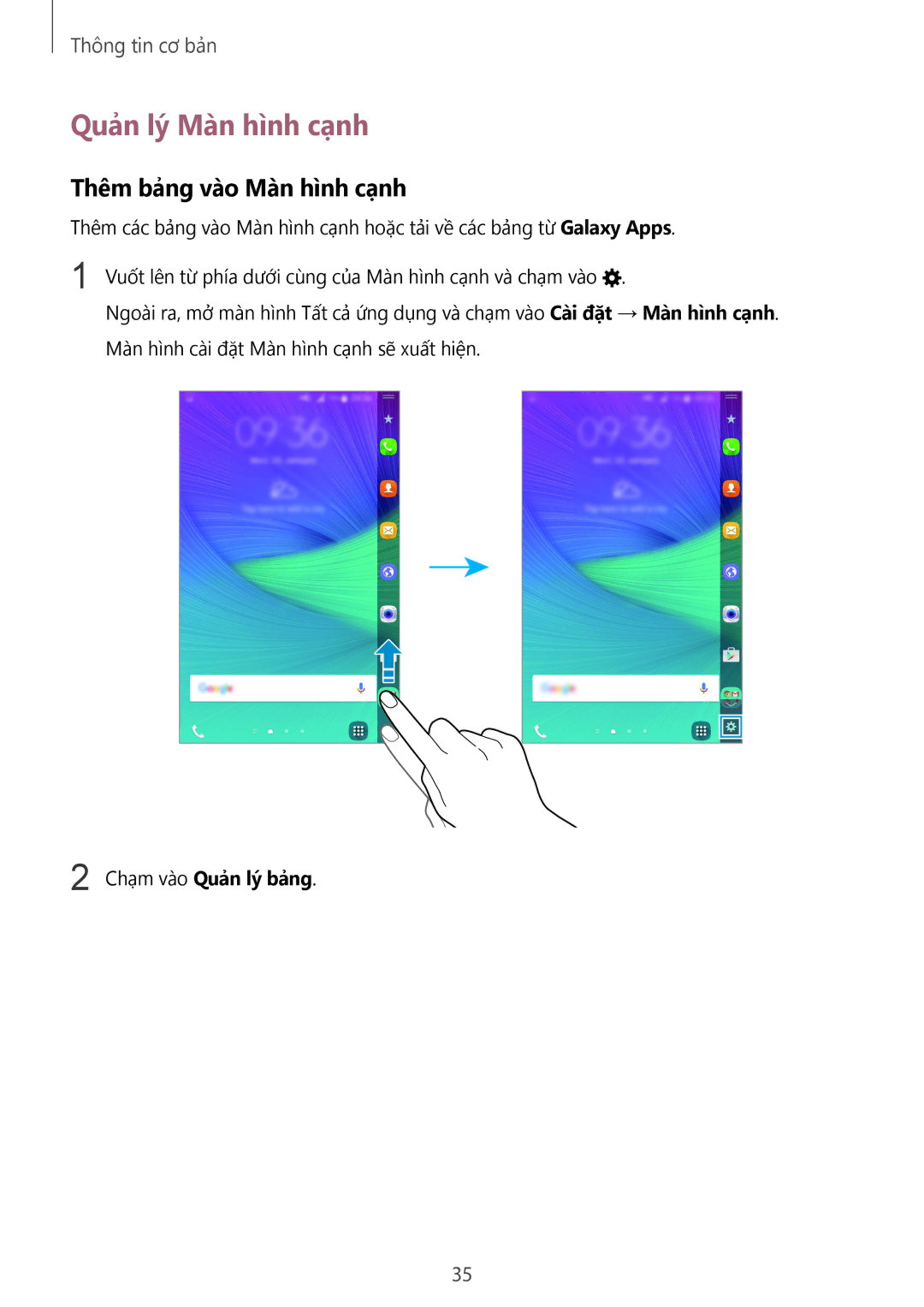 Samsung SM-N915FZWEXEV, SM-N915FZKEXEV manual Quản lý Màn hình cạnh, Thêm bảng vào Màn hình cạnh, Chạm vào Quản lý bang 