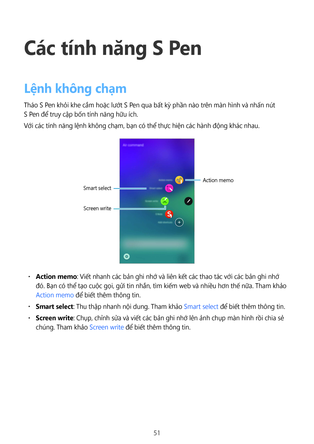 Samsung SM-N915FZWEXEV, SM-N915FZKEXEV manual Các tính năng S Pen, Lệnh không chạm 